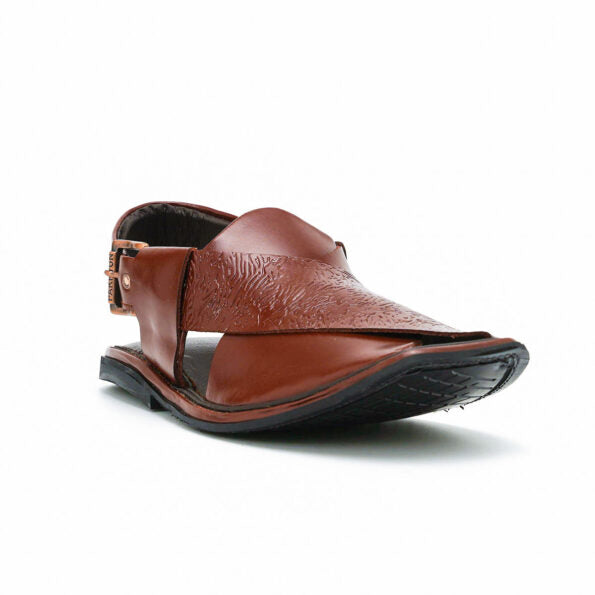 Charsadda Leather Chappal-Embosed Leather Upper – Round Shape – F-25 (Coffee)