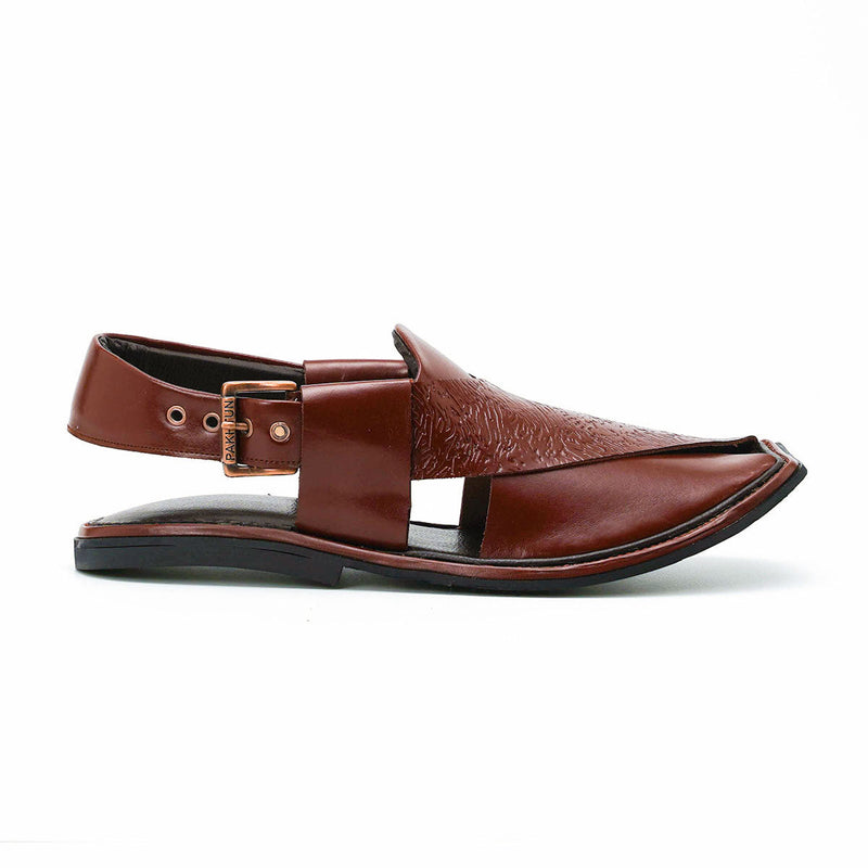 Charsadda Leather Chappal-Embosed Leather Upper – Round Shape – F-25 (Coffee)